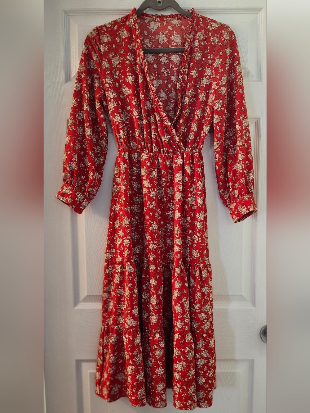 Red Floral Wrap-Style Maxi Dress with Long Sleeves